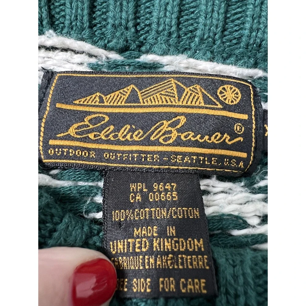 VTG EDDIE BAUER Fair Isle Sweater Green‎ XL Made in UK Cotton Crew Neck - Picture 5 of 9